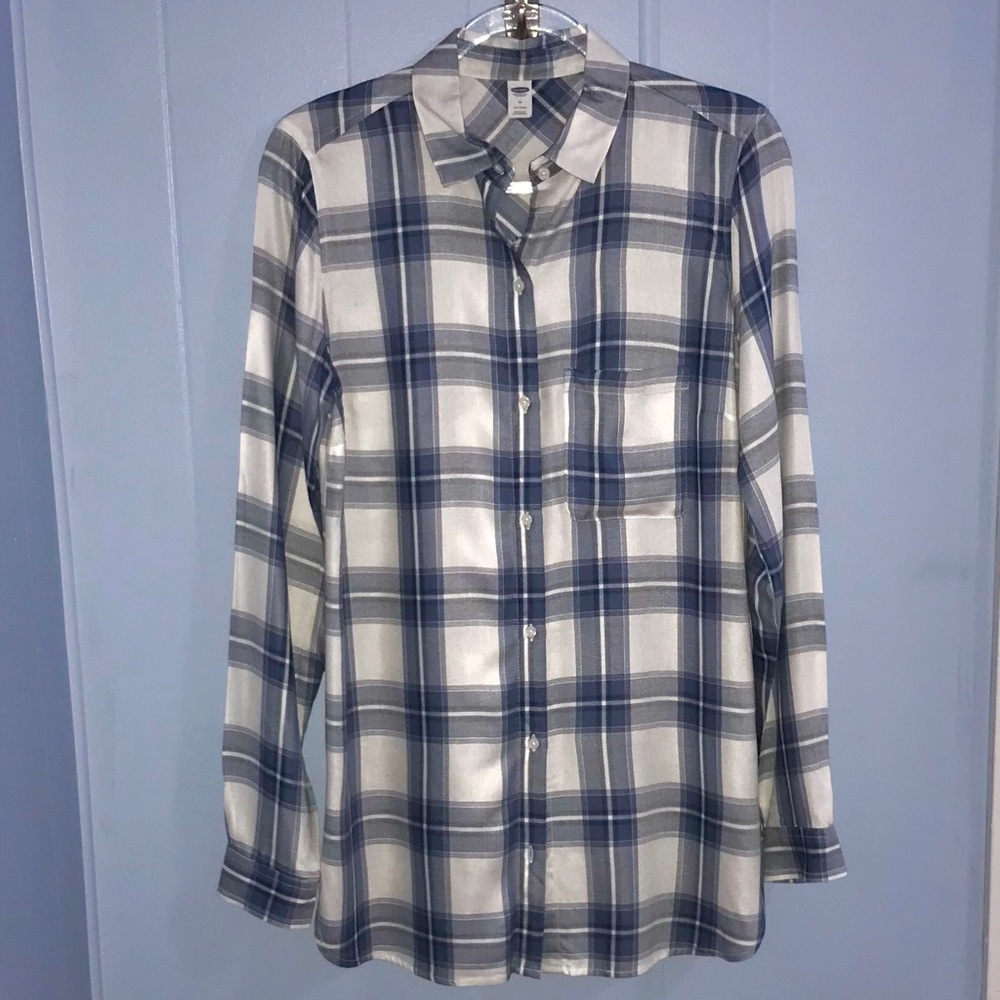 Old Navy Blue Plaid/Cream Button Up Tunic Top